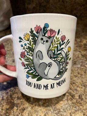 You Had Me At Meow Grey Cat Floral White Oversized Ceramic Mug